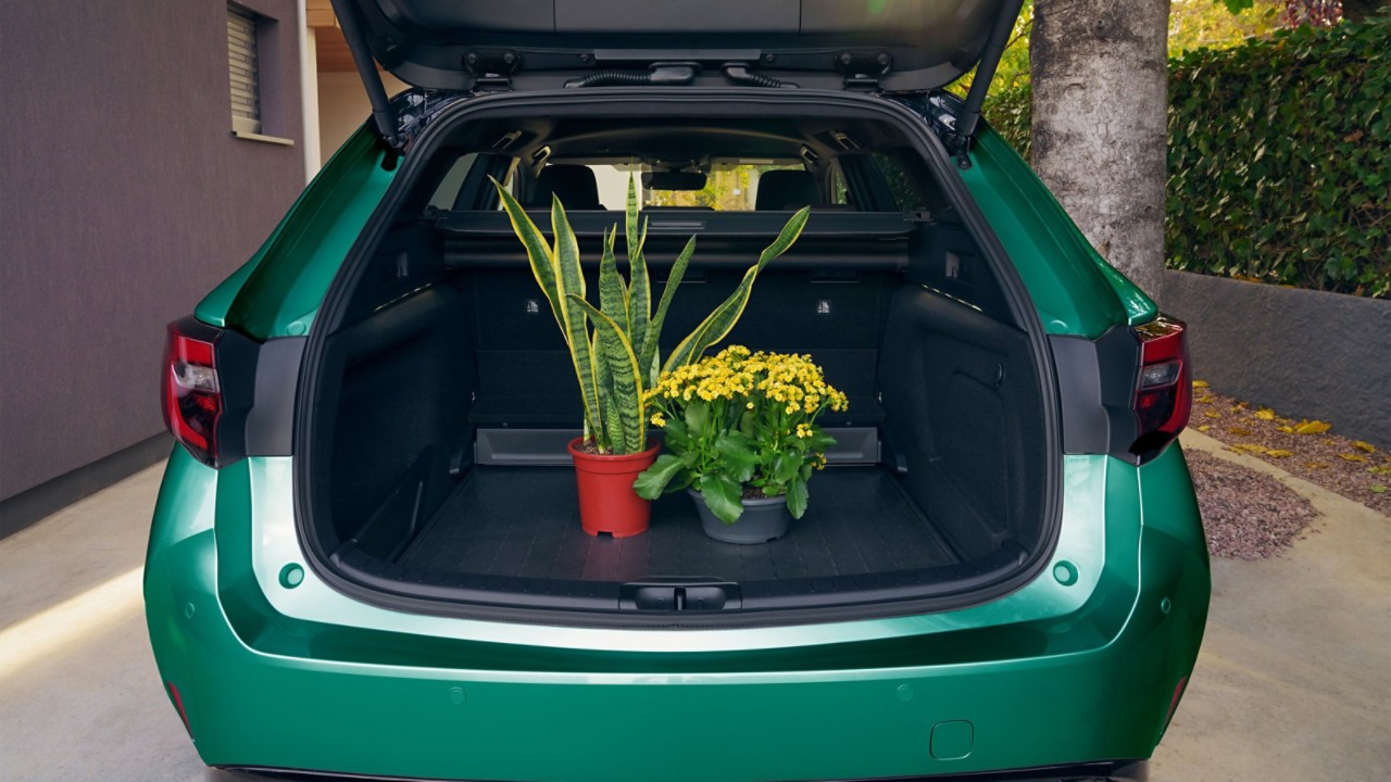 Corolla Hatchback Hybrid bagajında duran iki saksı bitkisi